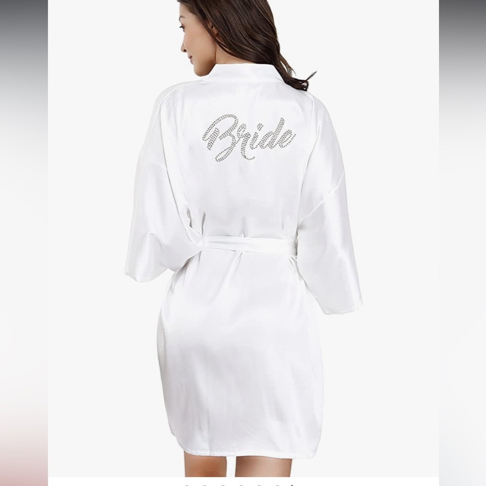 Women's One Size Silver Rhinestones Bride Bridesmaid Short Satin Robes